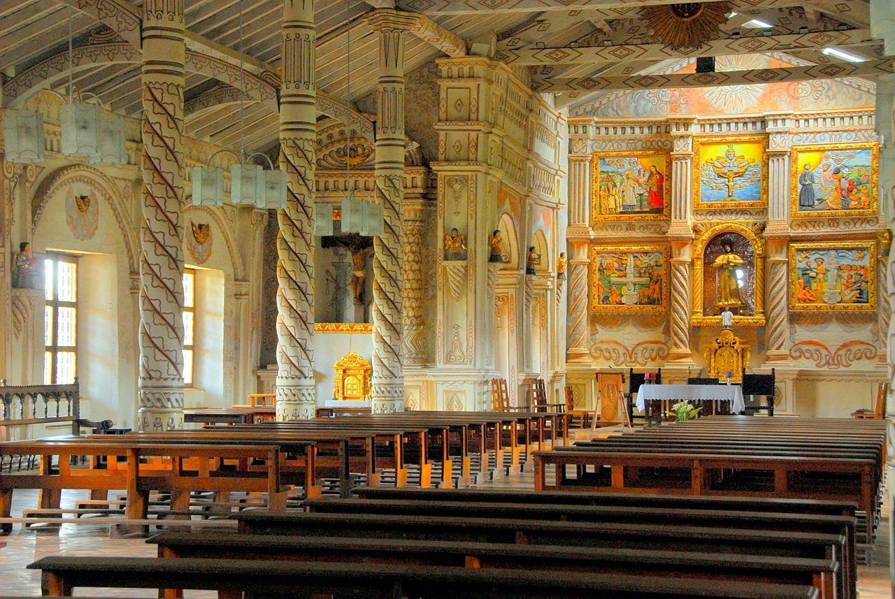 Interior of the church in San Javier, Ñuflo de Chávez, Santa Cruz, Bolivia. Part of the Jesuit Missions of the Chiquitos World Heritage Site.
