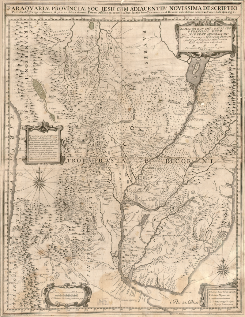 Map from 1732 depicting Paraguay and Chiquitos with the missions San Xavier (S. Xavier), Concepción (Concepc.), San Rafael de Velasco (S. Raphael), San Miguel de Velasco (S. Miguel), San José de Chiquitos (San Joseph) and San Juan Bautista (S. Juan).