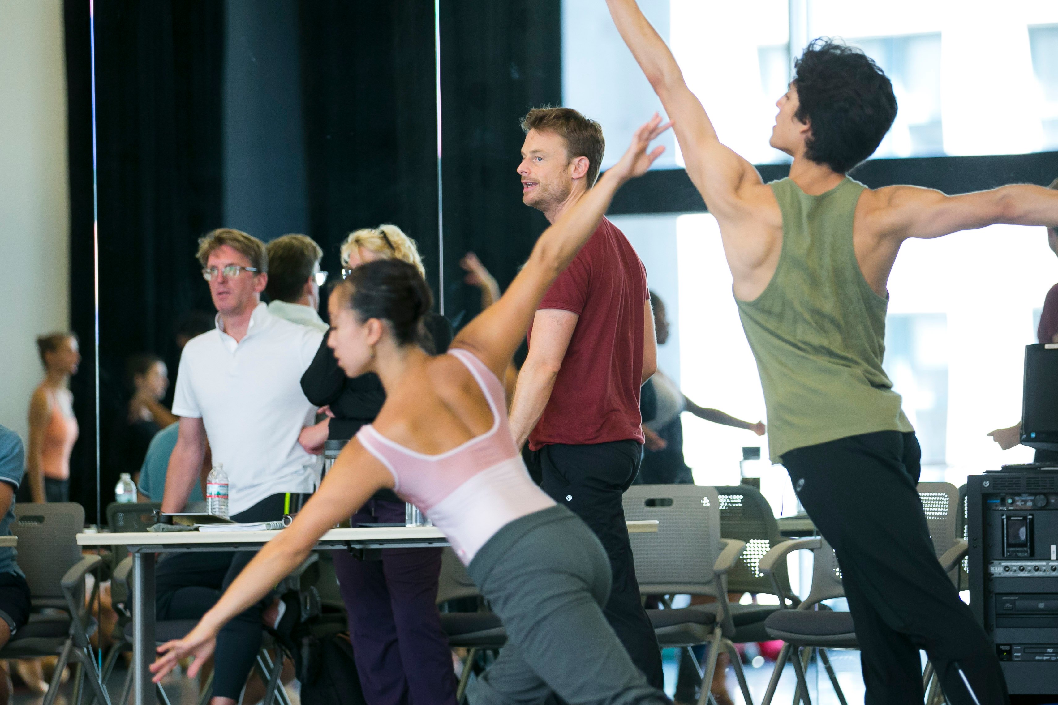 Joffrey Ballet's in studio process for "The Nutcracker" by Christopher Wheeldon. Ashley Wheater (back, left), Christopher Wheeldon (back right), and dancers Anastacia Holden and Joan Sebastian Zamora (foreground) (Photo: Todd Rosenberg)