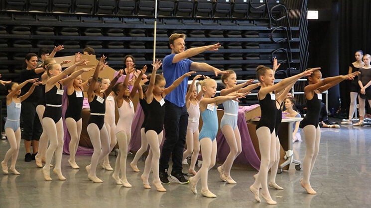 Christopher Wheeldon in rehearsal with the children's cast of The Nutcracker