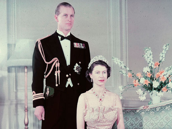 Queen Elizabeth the second seated in front of Prince Philip, Duke of Edinburgh, 1950