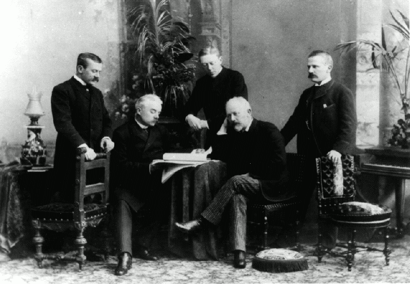 Black and white photo of tchaikovsy family: Anatoly Tchaikovsky, Nikolay Tchaikovsky, Ippolit Tchaikovsky, Pyotr Ilyich Tchaikovsky, and Modest Tchaikovsky (Saint Petersburg).