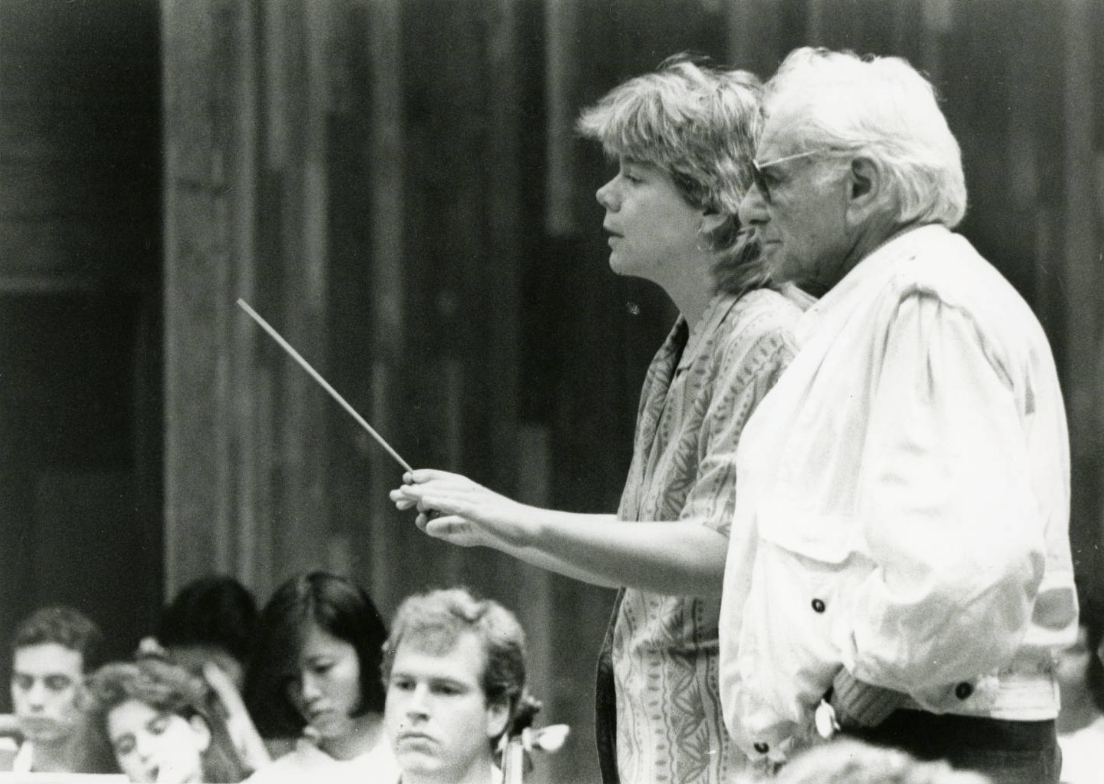 Leonard Bernstein works with Marin Alsop, a conducting fellow at Tanglewood in 1988 and 1989 (Photo: Boston Symphony Orchestra archives)
