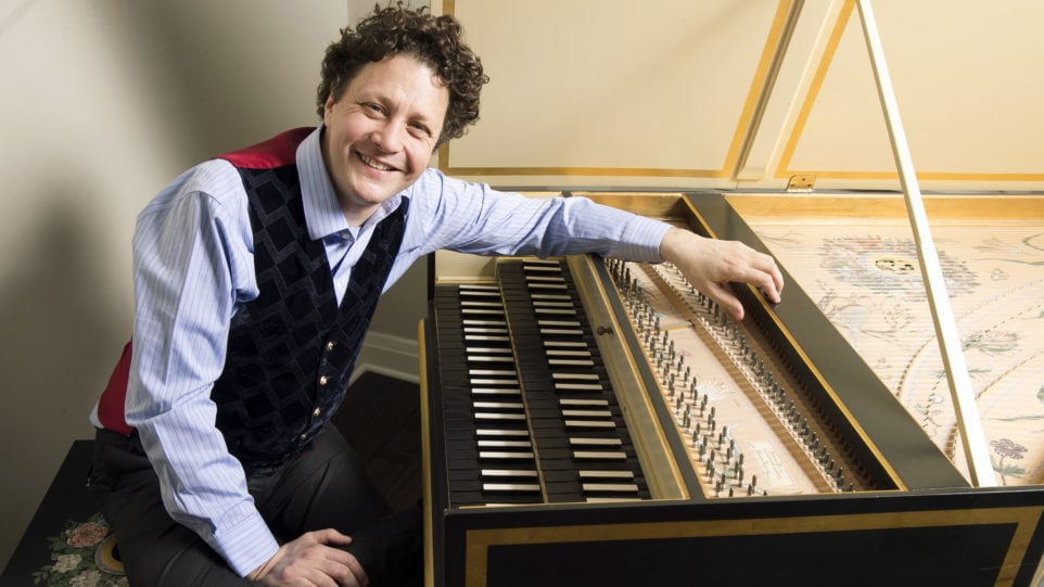 Jory Vinikour poses with a harpsichord