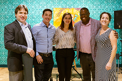 Featured musicians (L-R): guitarist Rene Izquierdo, horn player and pianist Elio Hernández Rojas, clarinetist Ninián Rodríguez Rego, trumpeter and Chicago Jazz Philharmonic founder Orbert Davis, and CAYO executive director Rena Kraut (Photo: Pixelcharge Photos)