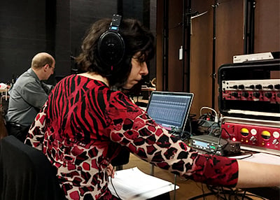 Backstage at the James Lumber Center for Performing Arts with producer Jim Ginsburg during a recording of <i>Liquid Melancholy.</i>