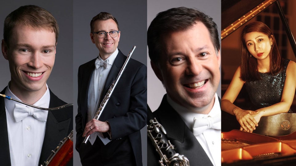 DePaul University Woodwind Faculty — Keith Buncke, Stefán Ragnar Höskuldsson, and Steve Williamson are joined by collaborative pianist Beilin Han (Photos for Buncke, Hokuldsson, and Williamson: Todd Rosenberg; Photo for Beilin Han: Yang's Studio)