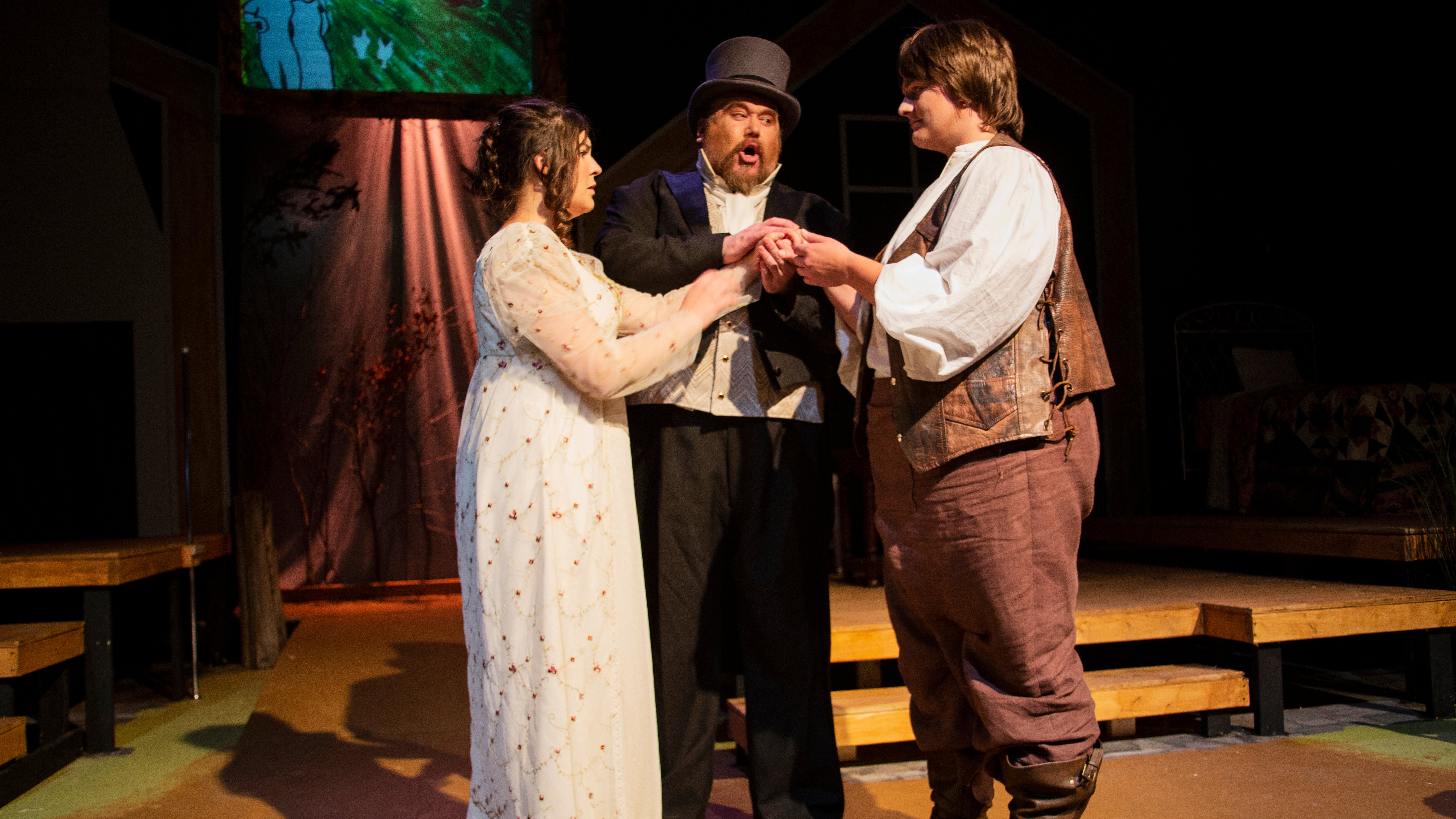 Patience, (Angela Born), Sarah, (Jenna Schroer) and Edward (Dennis Kalup) in Third Eye Theatre Ensemble's production of Patience and Sarah. (Photo: Clint Funk)