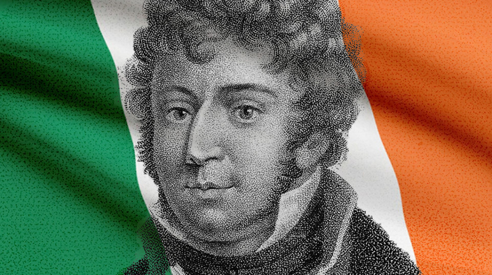 John Field portrait superimposed on an Irish flag