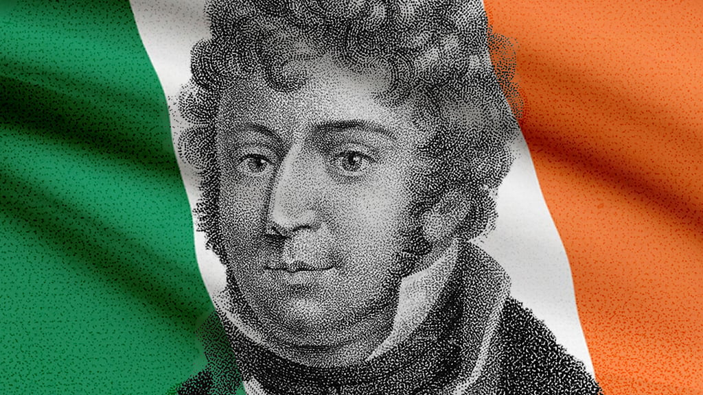 John Field portrait superimposed on an Irish flag
