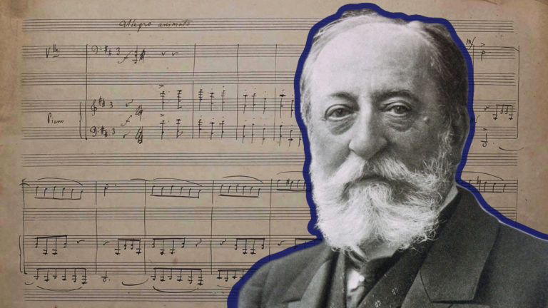 Lost Saint-Saëns sonata: A page of the manuscript (courtesy of Juliette Herlin) with the work's composer (Public domain, via Wikimedia Commons)