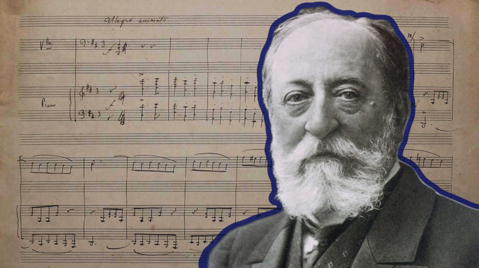 Lost Saint-Saëns sonata: A page of the manuscript (courtesy of Juliette Herlin) with the work's composer (Public domain, via Wikimedia Commons)