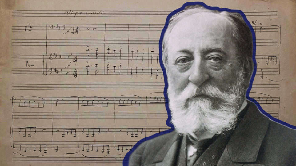 Lost Saint-Saëns sonata: A page of the manuscript (courtesy of Juliette Herlin) with the work's composer (Public domain, via Wikimedia Commons)