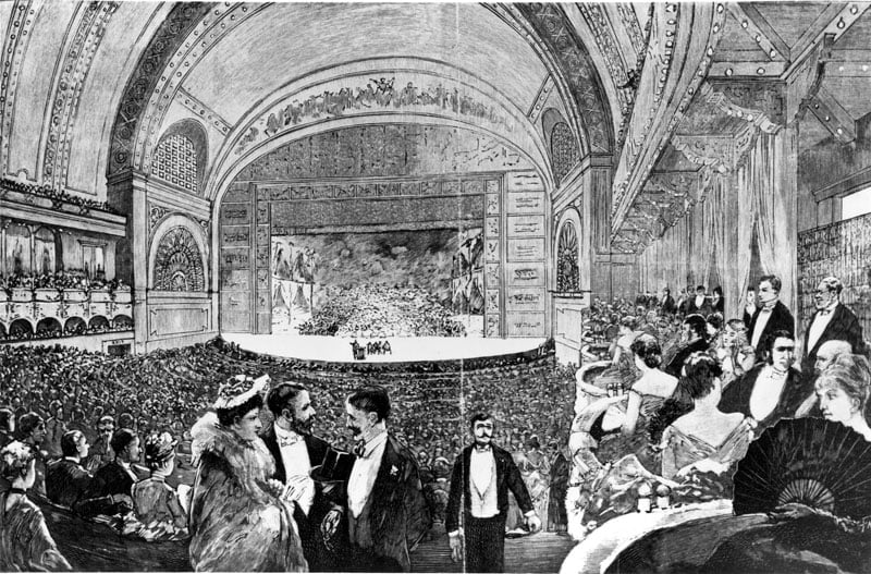 a sketch of the opening night at Auditorium Theatre showing the splendor of the venue and the well-dressed patrons