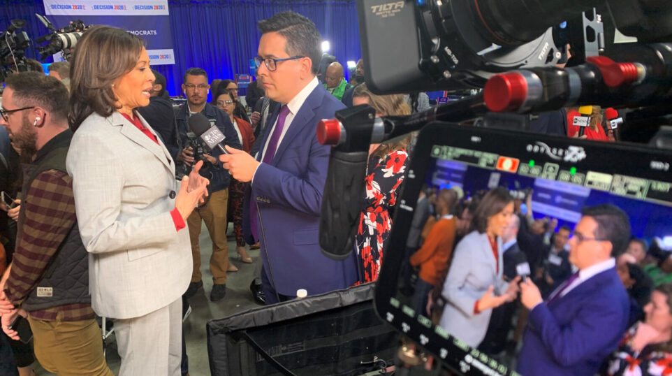 behind the scenes shot of Ed O'Keefe interviewing Vice President Kamala Harris