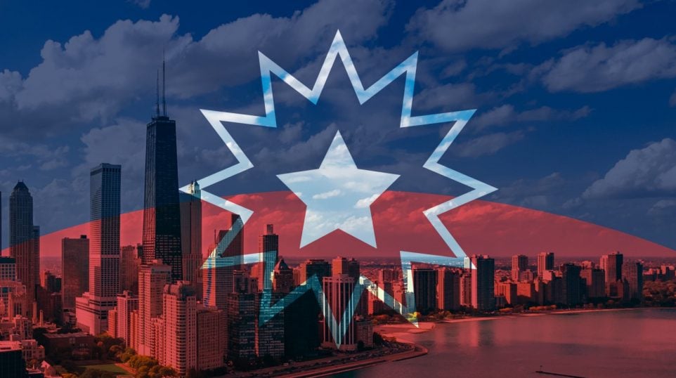 The Juneteenth Flag over the Chicago skyline