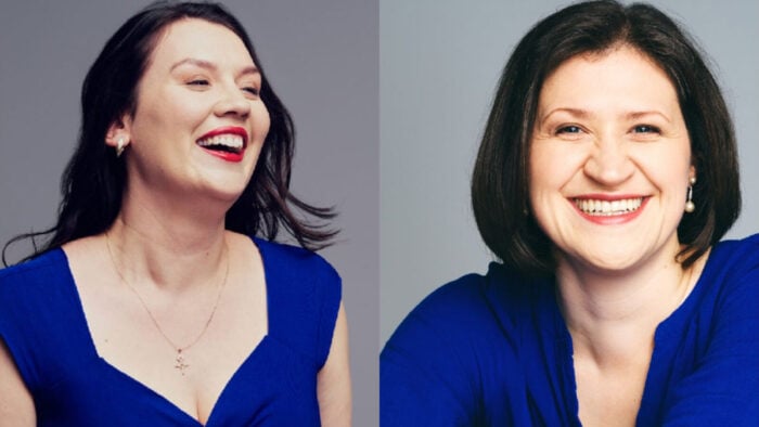 Split screen photo of two women in ultramarine blue