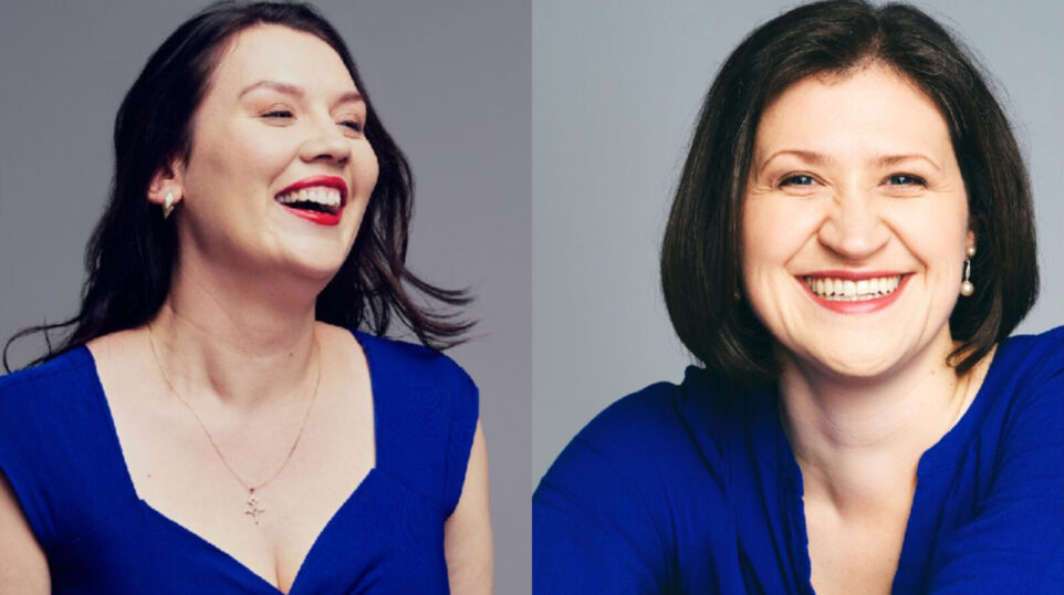 Split screen photo of two women in ultramarine blue