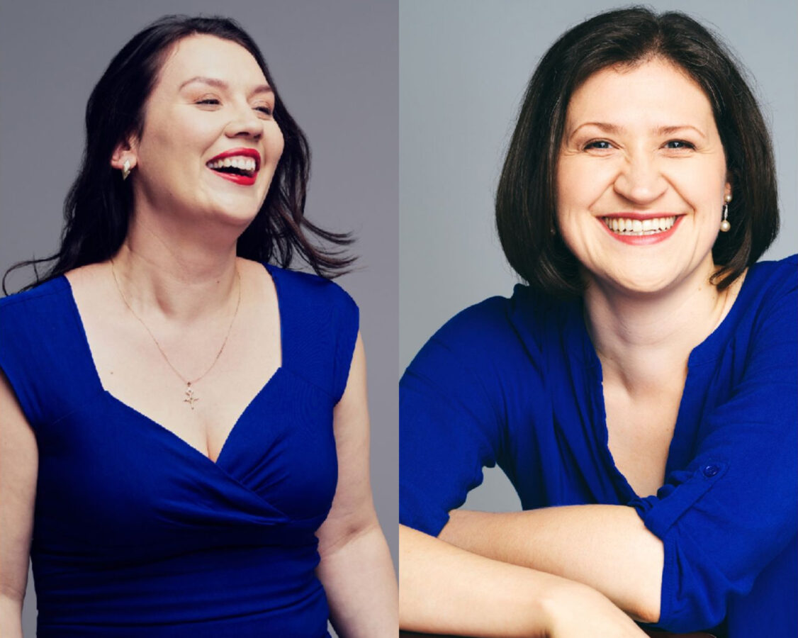 Split screen photo of two women in ultramarine blue