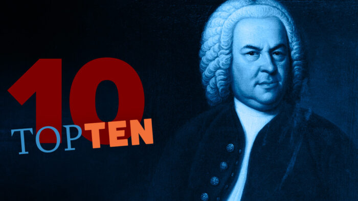 blue portrait of Bach with a 10 and text "top ten" superimposed
