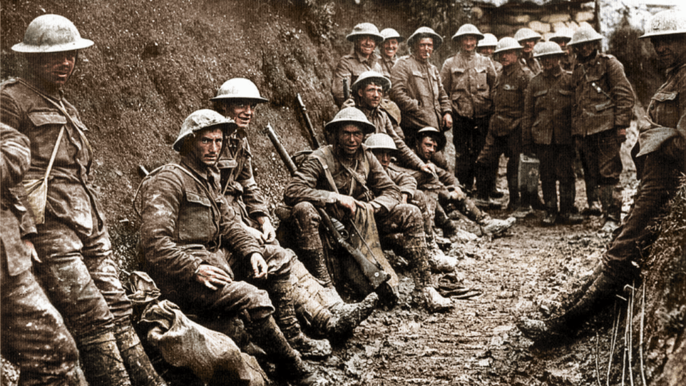 Party of Royal Irish Rifles in a communication trench on the first day of the Battle of the Somme