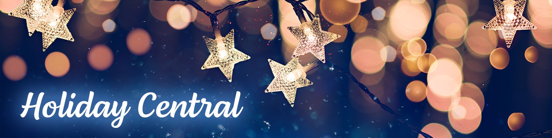 Holiday Central text over blue background with stars and lights