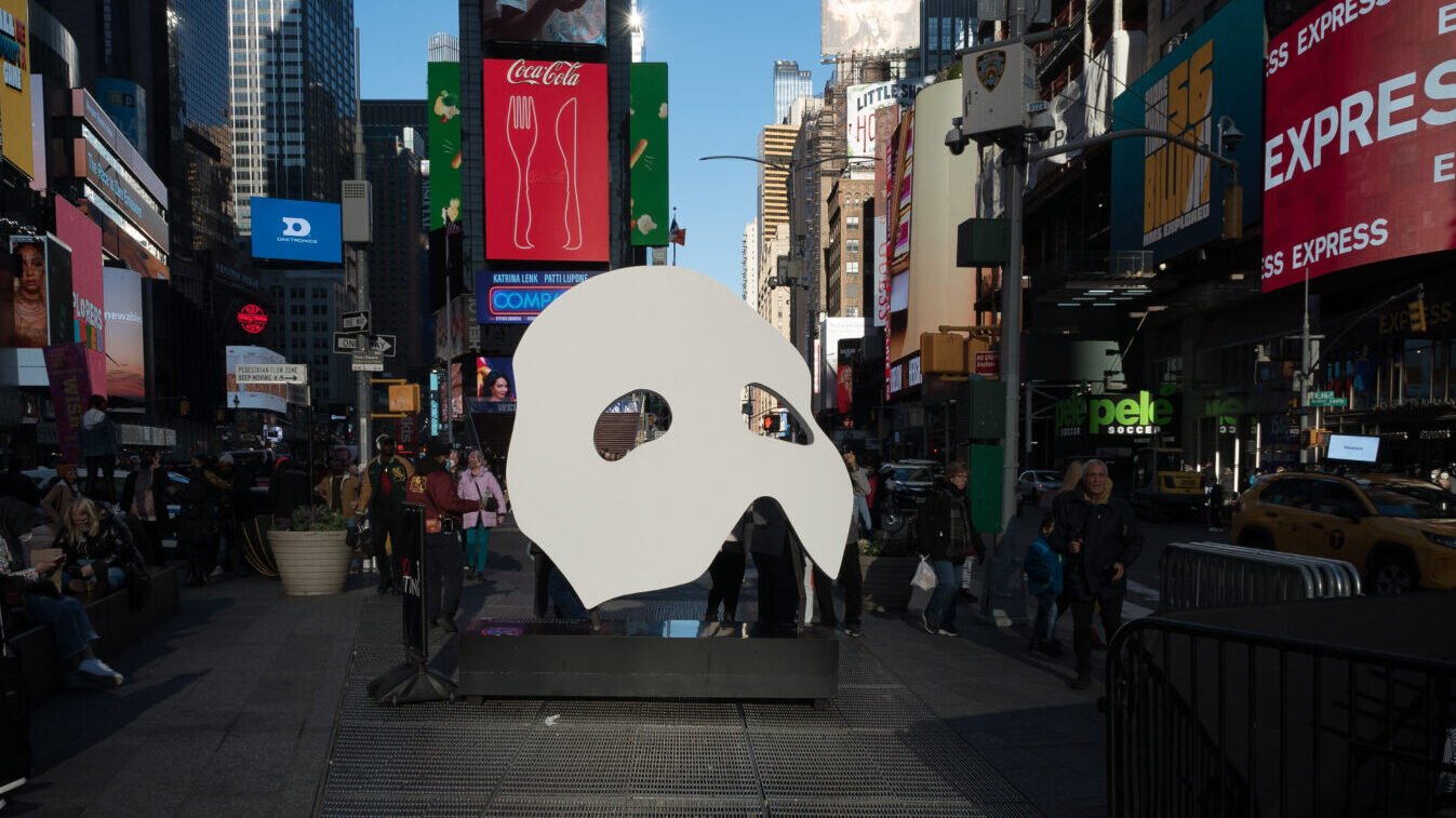 A Phantom of the Opera mask in Times Square during the COVID-19 lockdowns