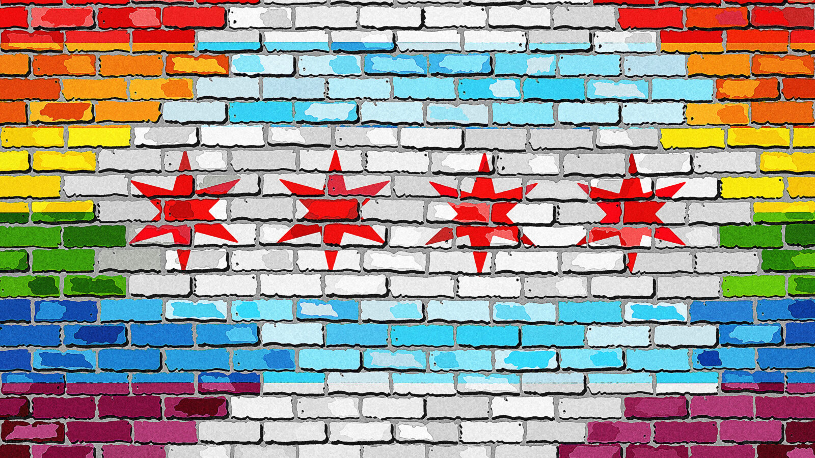 illustration of the chicago flag blended with an lgbtq+ pride flag superimposed on a brick wall
