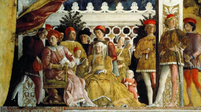 The Court of Mantua. At the left, secretary Marsilio Andreasi o Raimondo Lupi, Ludovico II Gonzaga. Beside him his wife Barbara von Brandenburg and their siblings Ludovico Gonzaga, Paola Gonzaga, and Rodolfo Gonzaga. Walnut oil on plaster fresco.