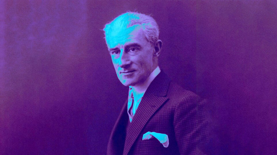 Maurice Ravel in a blueish purple hue