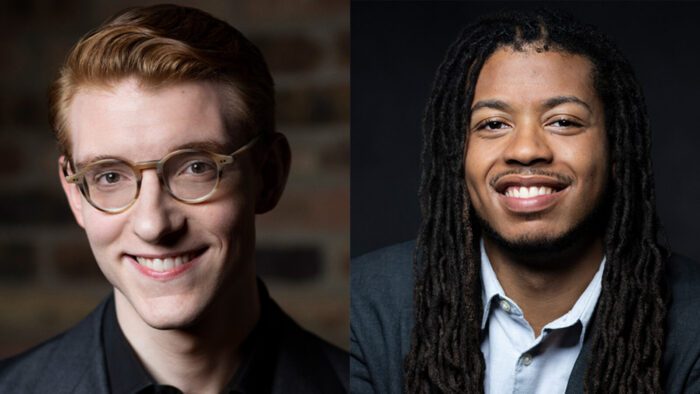 Stitched together portraits of pianists Michael Banwarth and Donald Lee III, both smiling at camera