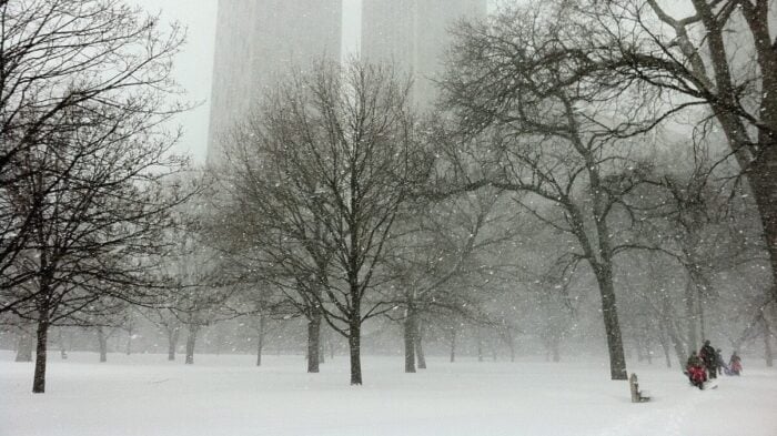 family walks in the park in the snow