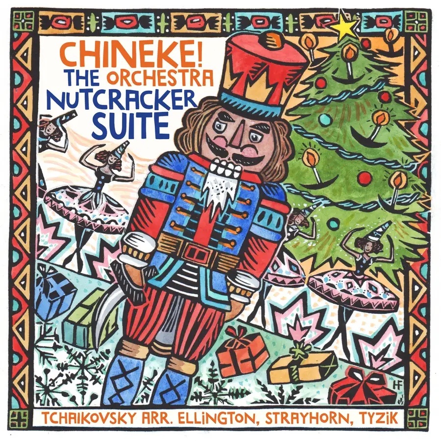Album cover for 'Ellington/Strayhorn: The Nutcracker Suite', showing a colorful illustration of a nutcracker doll, Christmas tree, presents, and toys