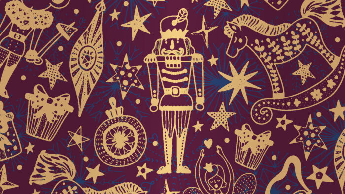 a busy illustration of the Nutcracker and other images from the ballet