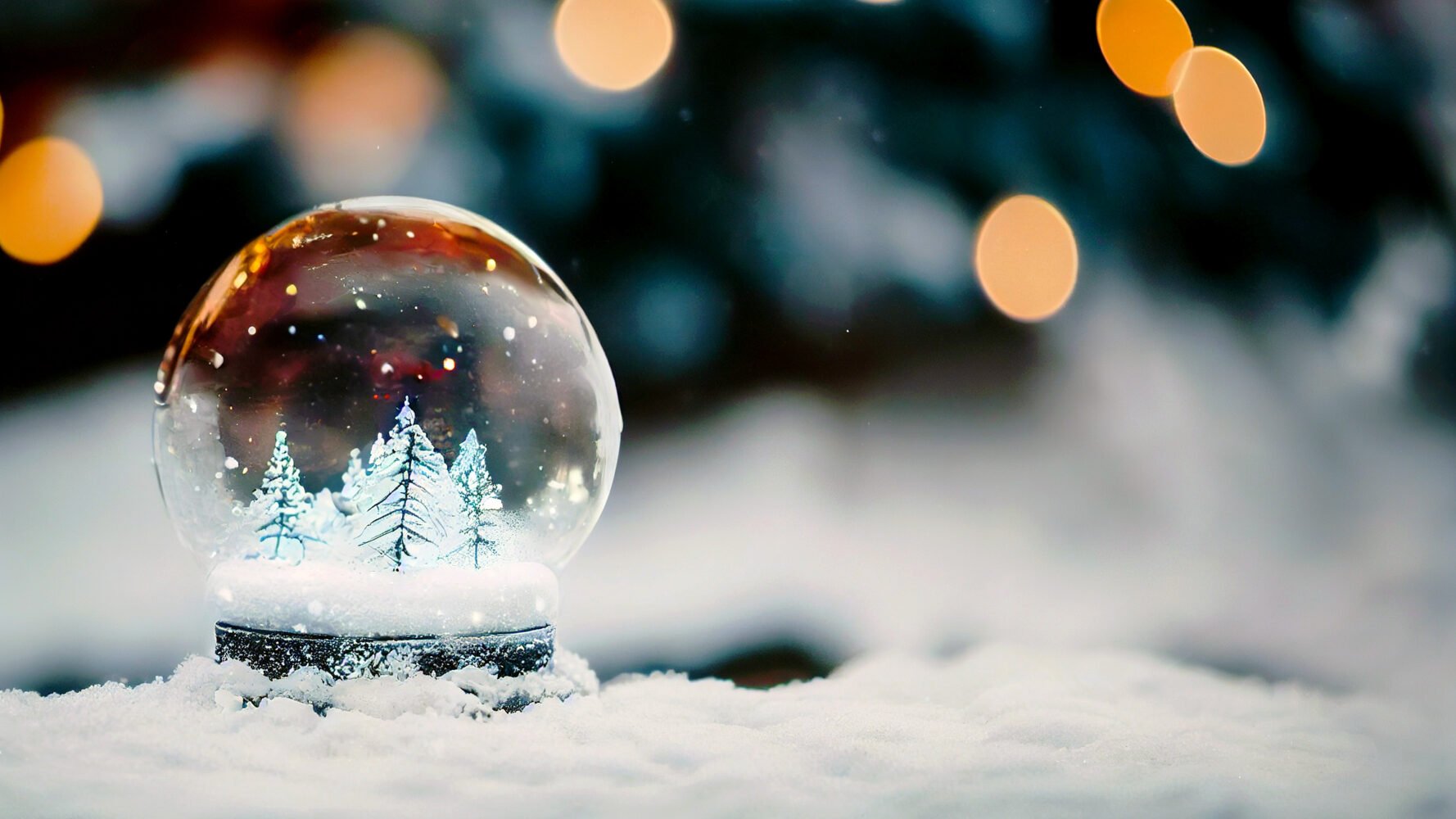 a snow globe placed on a snowbank, with trees and lights out of focus behind