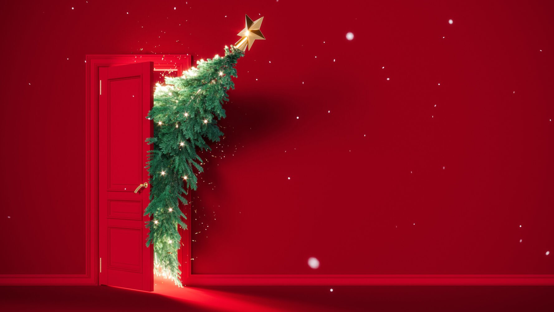 a green Christmas tree leans through an open red door