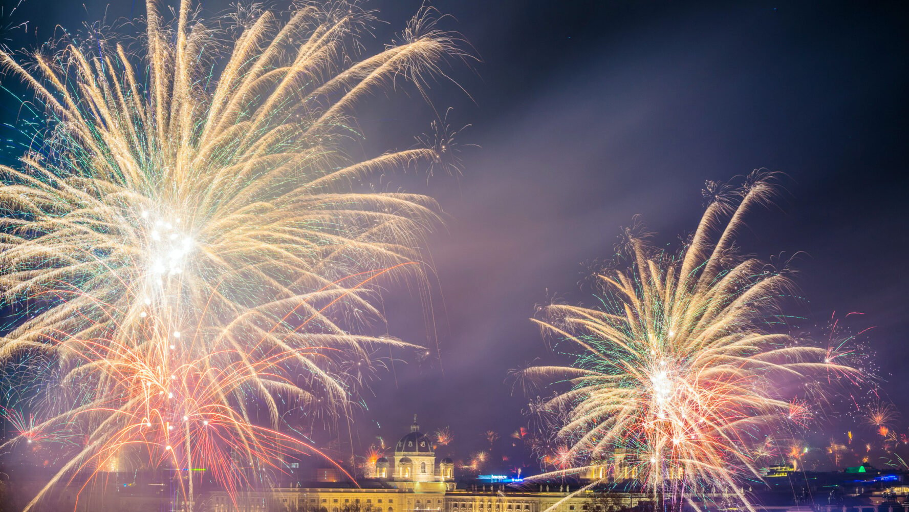 thrilling fireworks light up the Vienna night sky to welcome the new year