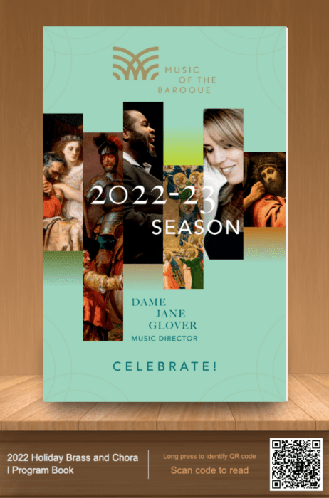 Poster for Music of the Baroque 2022-23 season with qr code linking to the 2022 Holiday Brass and Choral Program Book