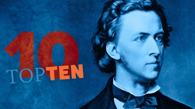 chopin top 10 image features blue portrait of Chopin with text "top ten" superimposed