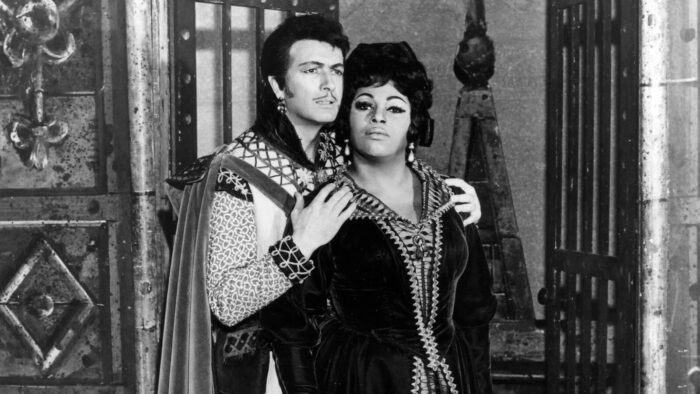 Franco Corelli holds Leontyne Price passionately in period garb in black-and-white promotional photos for Verdi's "La forza del destino"