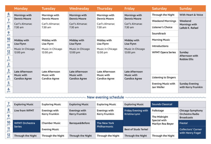 WFMT programming grid effective March 1, 2024 visualizes new programming updates described above