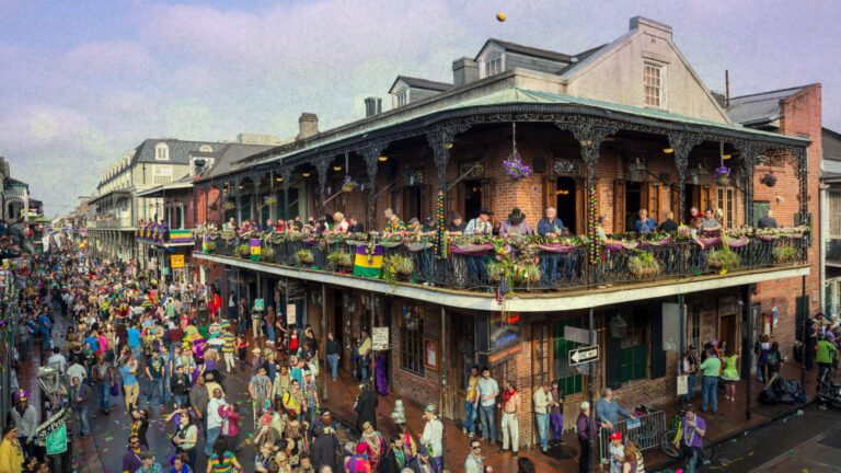 a bustling street scene as Mardi Gras is celebrated in New Orleans