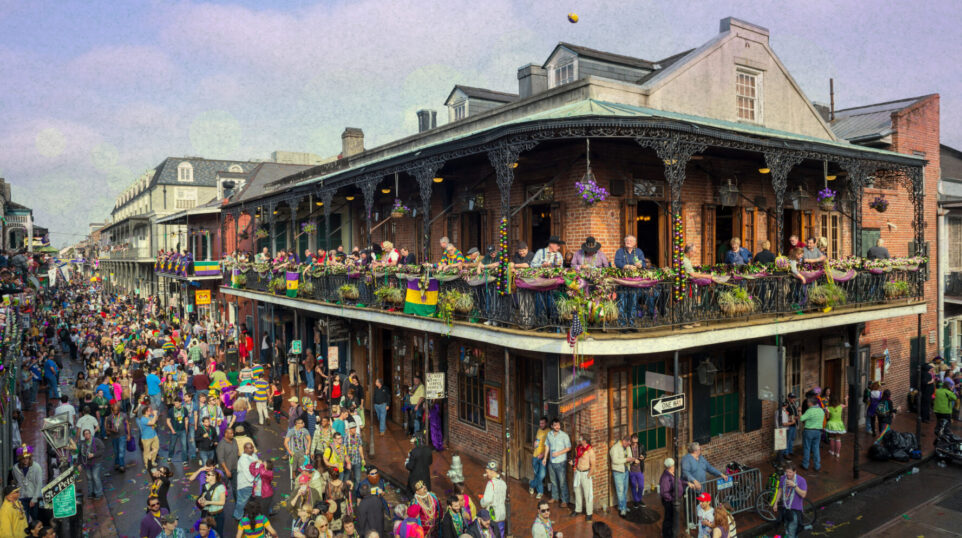 a bustling street scene as Mardi Gras is celebrated in New Orleans