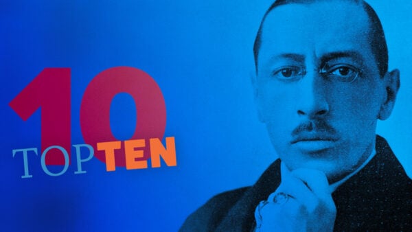 Stravinsky Top 10: blue portrait of Stravinsky with a 10 and text "top ten" superimposed