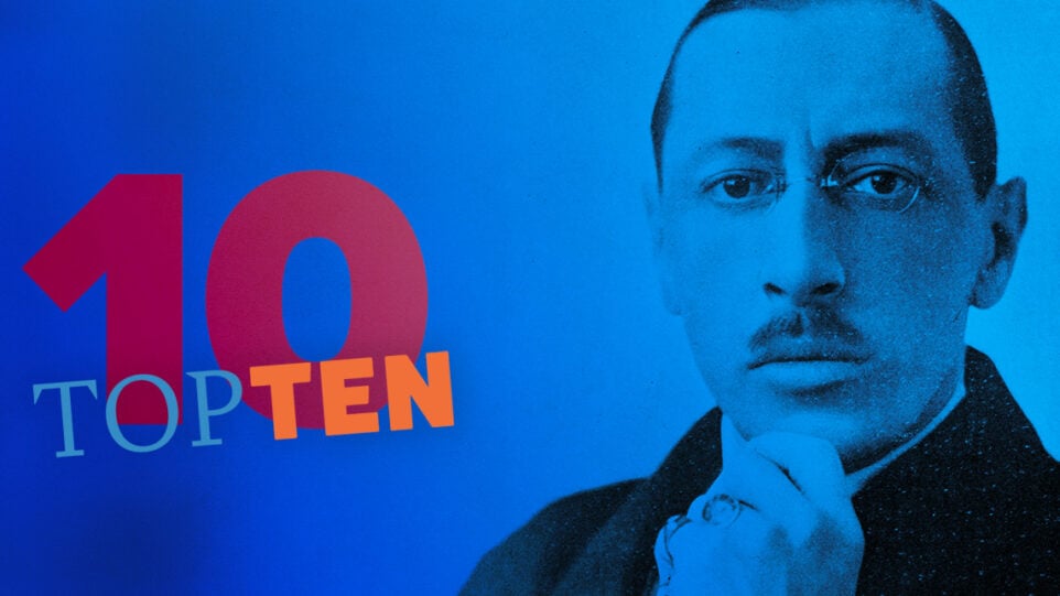 Stravinsky Top 10: blue portrait of Stravinsky with a 10 and text "top ten" superimposed