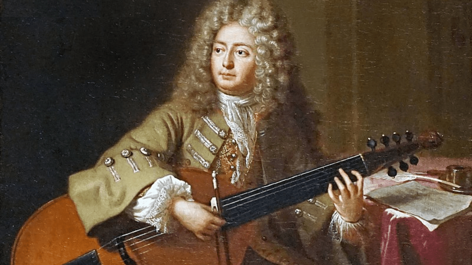 Oil painting portrait of Marin Marais, French composer. He is a white man with a round face, wearing a long, curly, off-white wig that falls to his shoulders. He is dressed in a golden coat, and is holding a viola da gamba horizontally across his lap, as if he's about to strum the instrument.