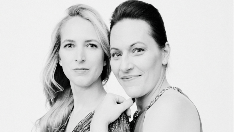 High contrast black and white portrait of Anne de Fournel (left) and Lucile Richardot (right) with a white background.