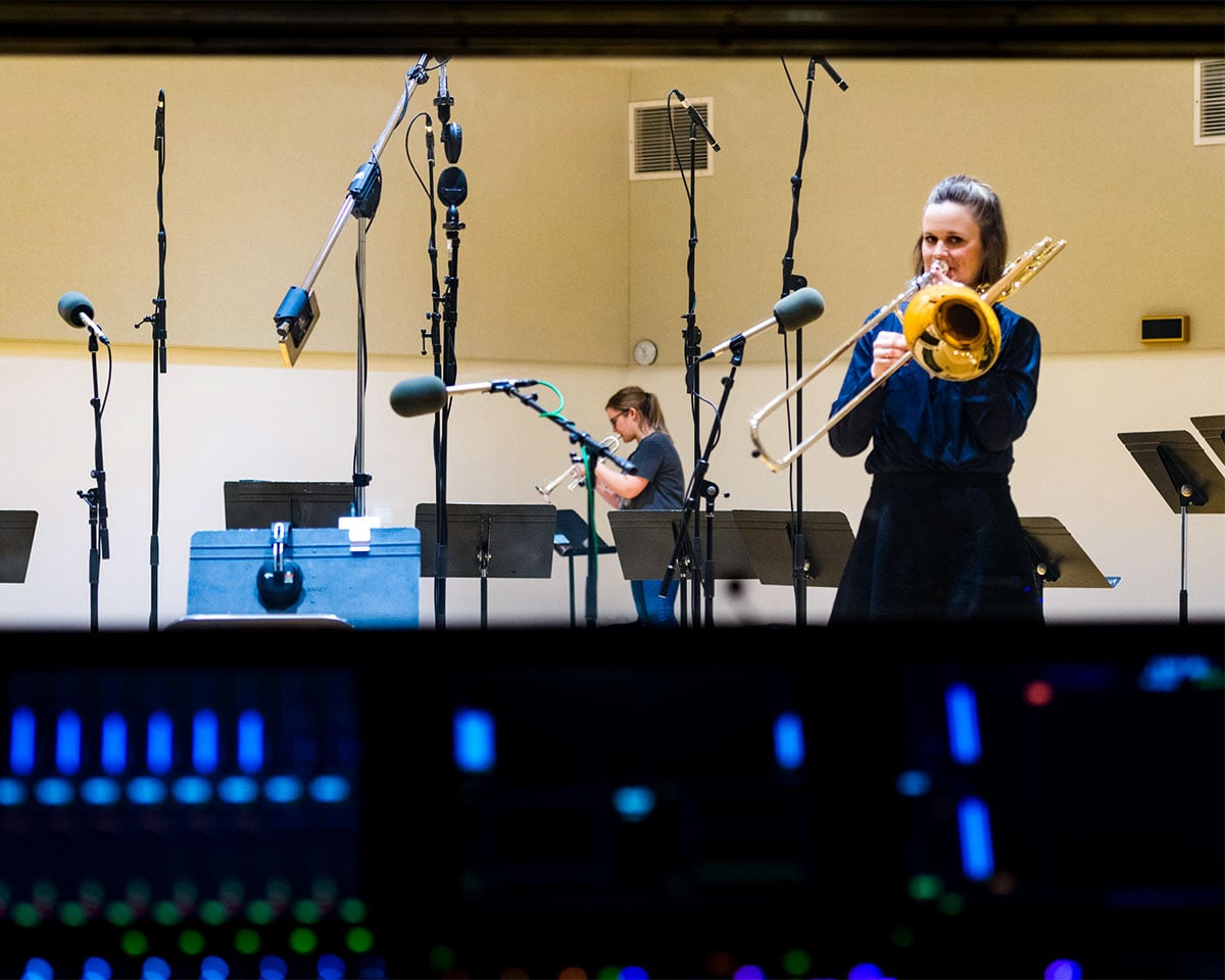 Trombone performer in WFMT studio