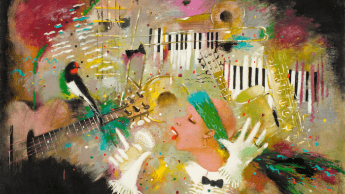 An abstract painting of a bald jazz singer singing, with piano keys, brass instruments, and bright splashes of paint in the background.