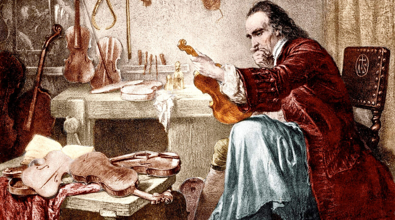 A painting of Antonio Stradivarius at his violin workshop. He is a white man with black hair, wearing a long red jacket and loose light blue pants. His chin is in his hand; he is propping up a violin on one knee and studying it thoughtfully.